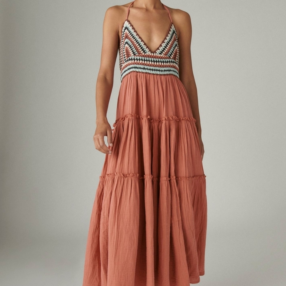 Elegant Terracotta Halter Maxi Dress